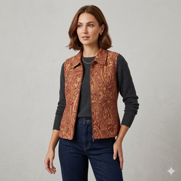 CJ Banks Jackets & Blazers - Vintage CJ Banks Womens 2X Plus Size Paisley Tapestry Vest Zip Up Red Gold Boho